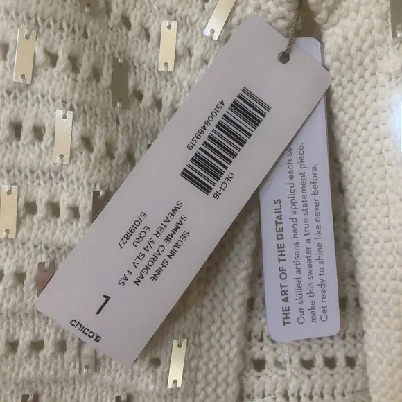 NWT Chico’s White and Silver Sequin Sammie 3/4 Sleeves Cardigan M - Picture 8 of 10